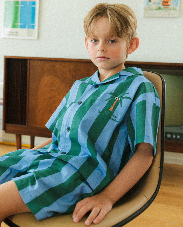 [SET] Green Stripe Palm Tree Linen Shirts &amp; Shorts