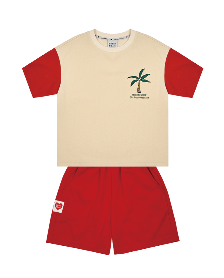 [SET] Cream Palm Tree Color Block Shorts