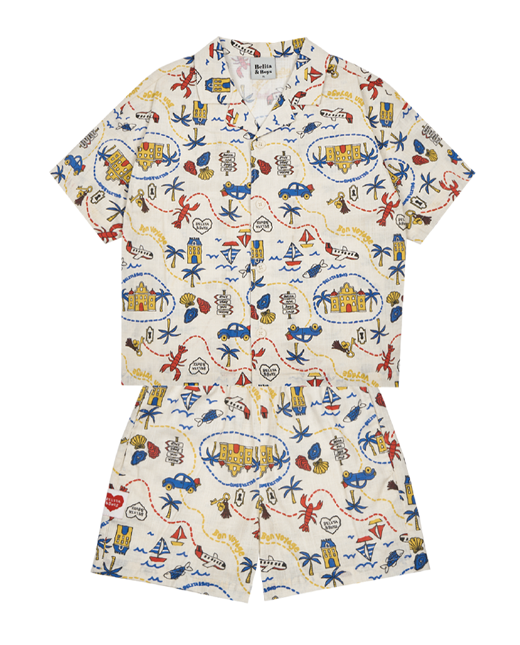 [SET] Cream Map Pattern Linen Shirts &amp; Shorts