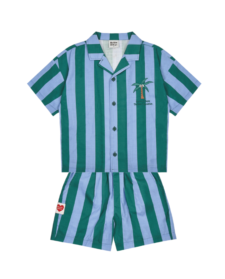[SET] Green Stripe Palm Tree Linen Shirts &amp; Shorts