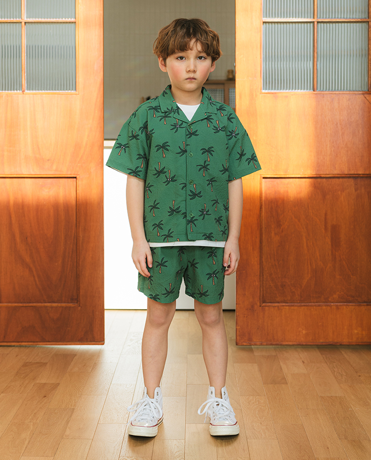 [SET] Green Palm Tree Pattern Polysucker Shirts &amp; Shorts