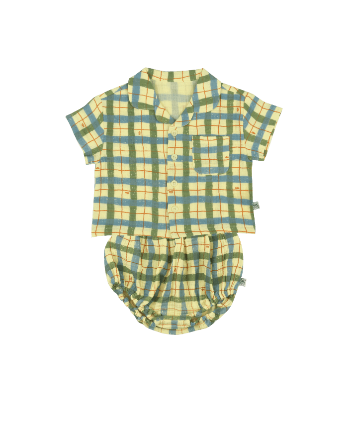 [SET] Yellow Gauze Check Shirt &amp; Bloomer